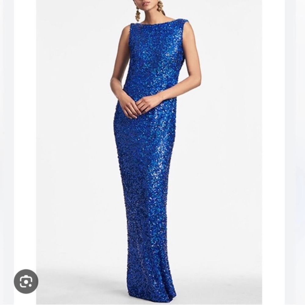 Sachin & Babi Mariah Embellished Sequin Boat Neck Draped Open Back Gown -Reemoly